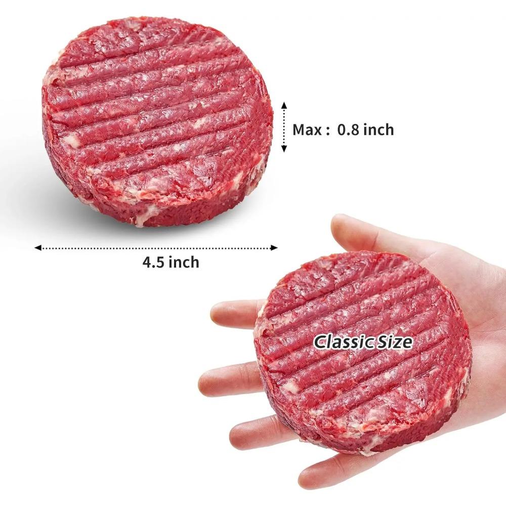 Prensa para hamburguesas de acero inoxidable con mango de madera antiadherente y 100 hojas de papel.