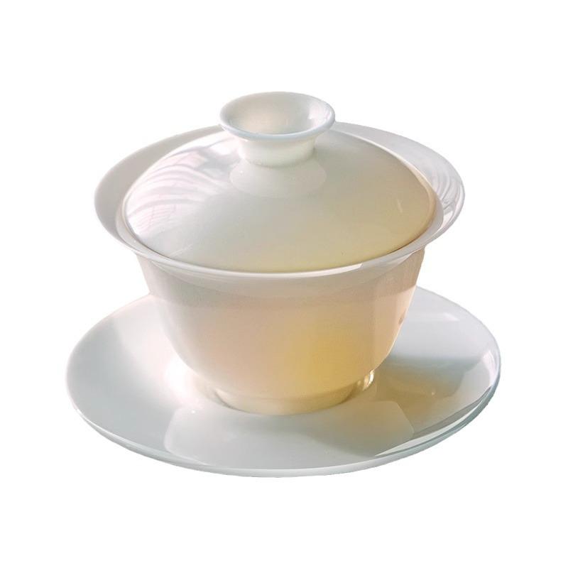 Suet jadecover bowl three talentsare not hot, hover white porcelain tea bowl householdhigh-end tea cup kung fu tea set tea maker