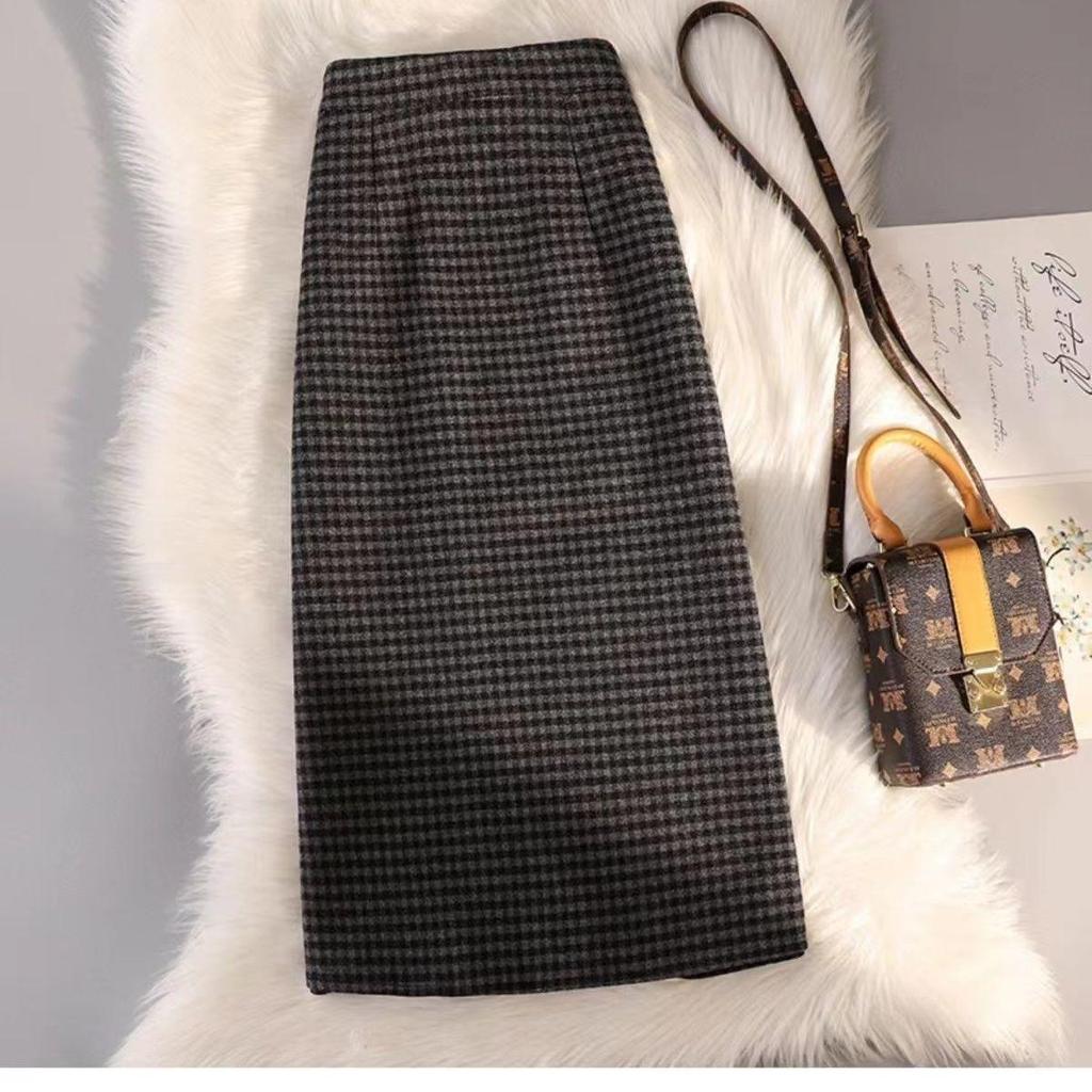 Ultra-Thick Woolen Plaid Midi Skirt - Women's High Waist A-line Bodycon for Autumn/Winter