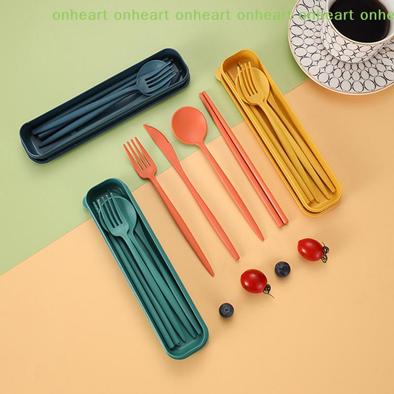 Conjunto de Talheres Portátil 4 Peças/Conjunto Com Caixa Talheres Saudáveis Ecologicamente Corretos de Palha de Trigo Reutilizáveis Hashi Garfo Faca Colher Conjunto de Talheres