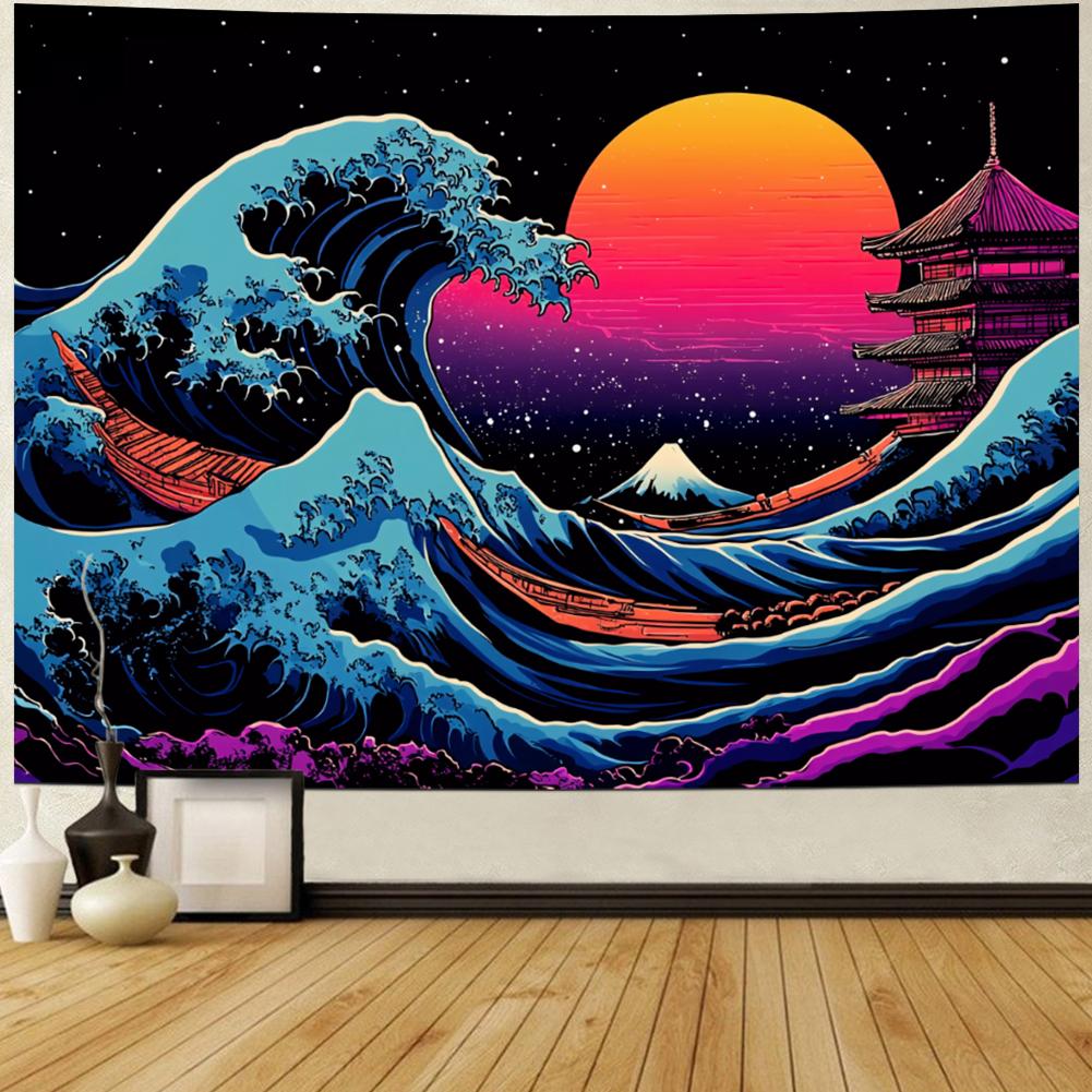 Great Wave Tapestry | Flat Printed Japanese Kanagawa Ocean Wall Art With Sunset & Starry Sky For Living Room & Bedroom Decor