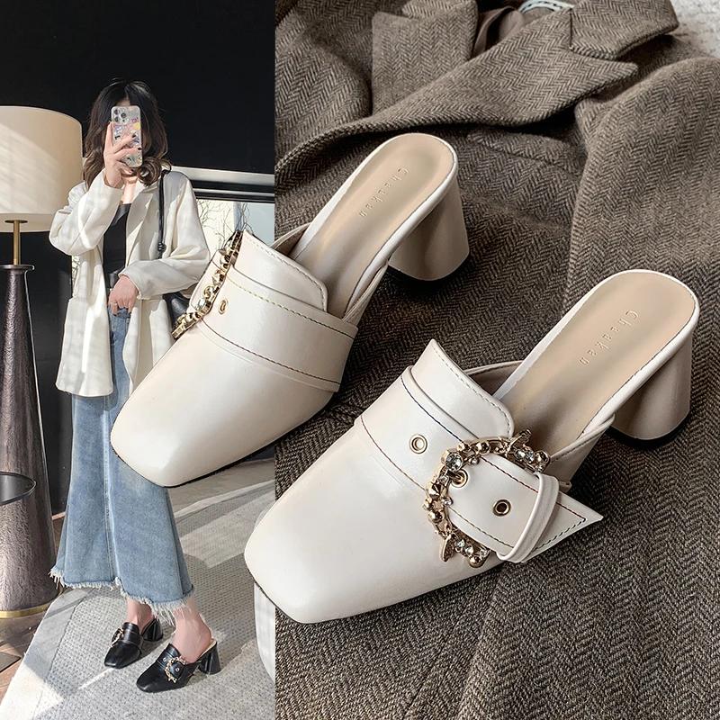 Fashion 2025Large Size Sandals Women's Head Thick Heels Spring and Summer New Wear Fashion Baotou Belt Buckle Muller Half Sandals
