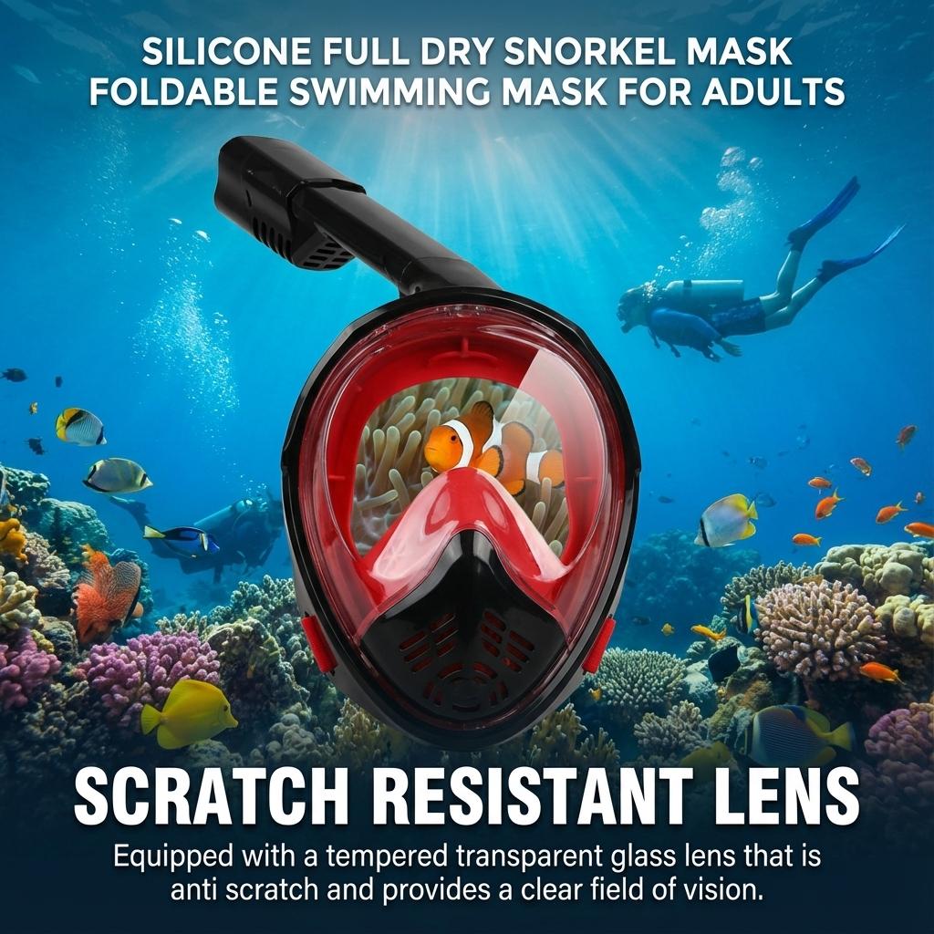Silicone Full Dry Snorkel Mask Foldable Swimming Diving Mask For Adults With Adjustable Strap
