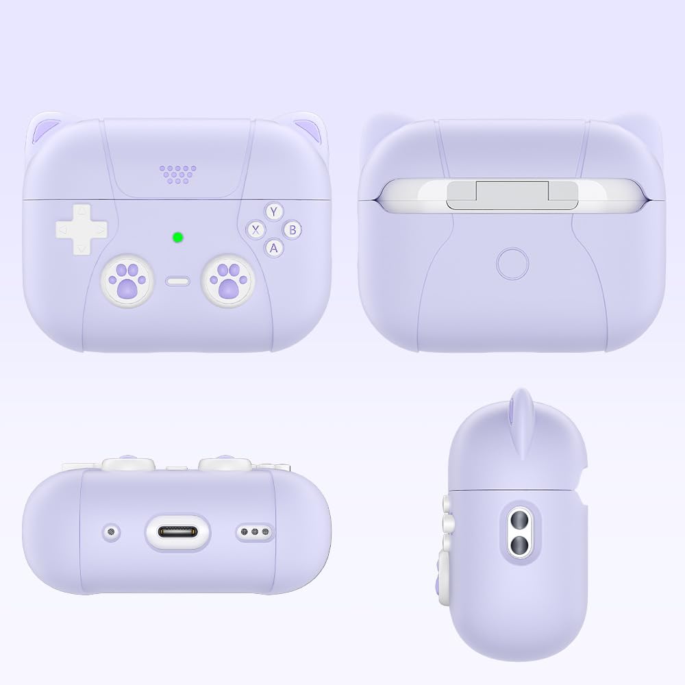 for AirPods 4 Generation Case Cover with Keychain Game Player Design Soft Silicone Case for AirPods Pro2 Charging-Cat Ear Purple