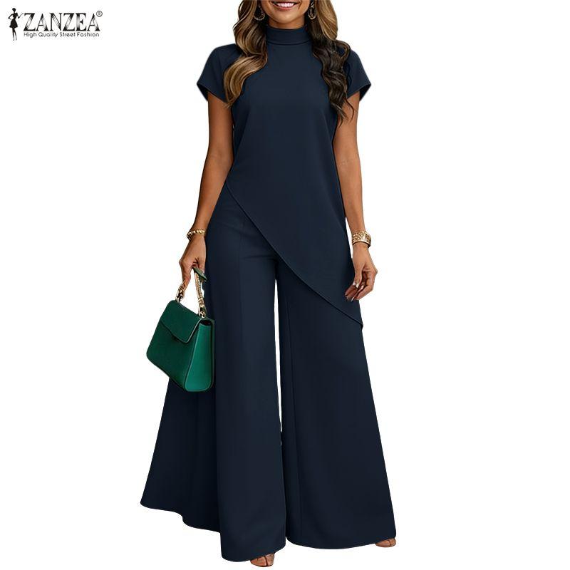 ZANZEA Women Short Sleeve Irregular Blouse and Pants Summer Two Piece Suit Sets