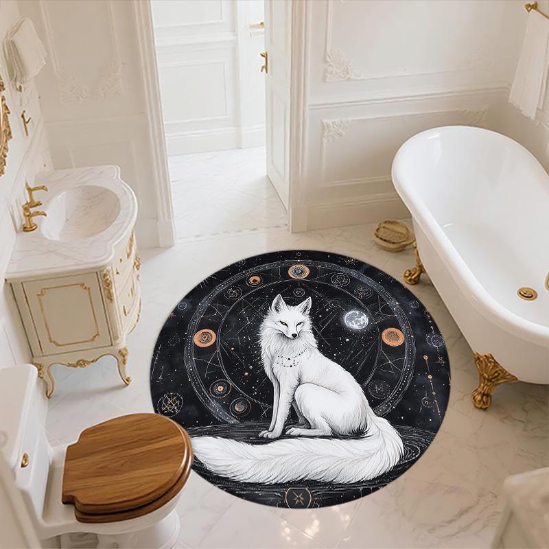 Black and White Fox,Round Area Rug,Carpet Rug for Living Room Bedroom Sofa Playroom Decor,Non-slip Floor Mat
