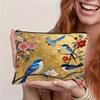 1pc Flower and Bird Pattern Fabric Cosmetic Bag - Lightweight, Foldable, Zippered Makeup Pouch with Golden Background Design