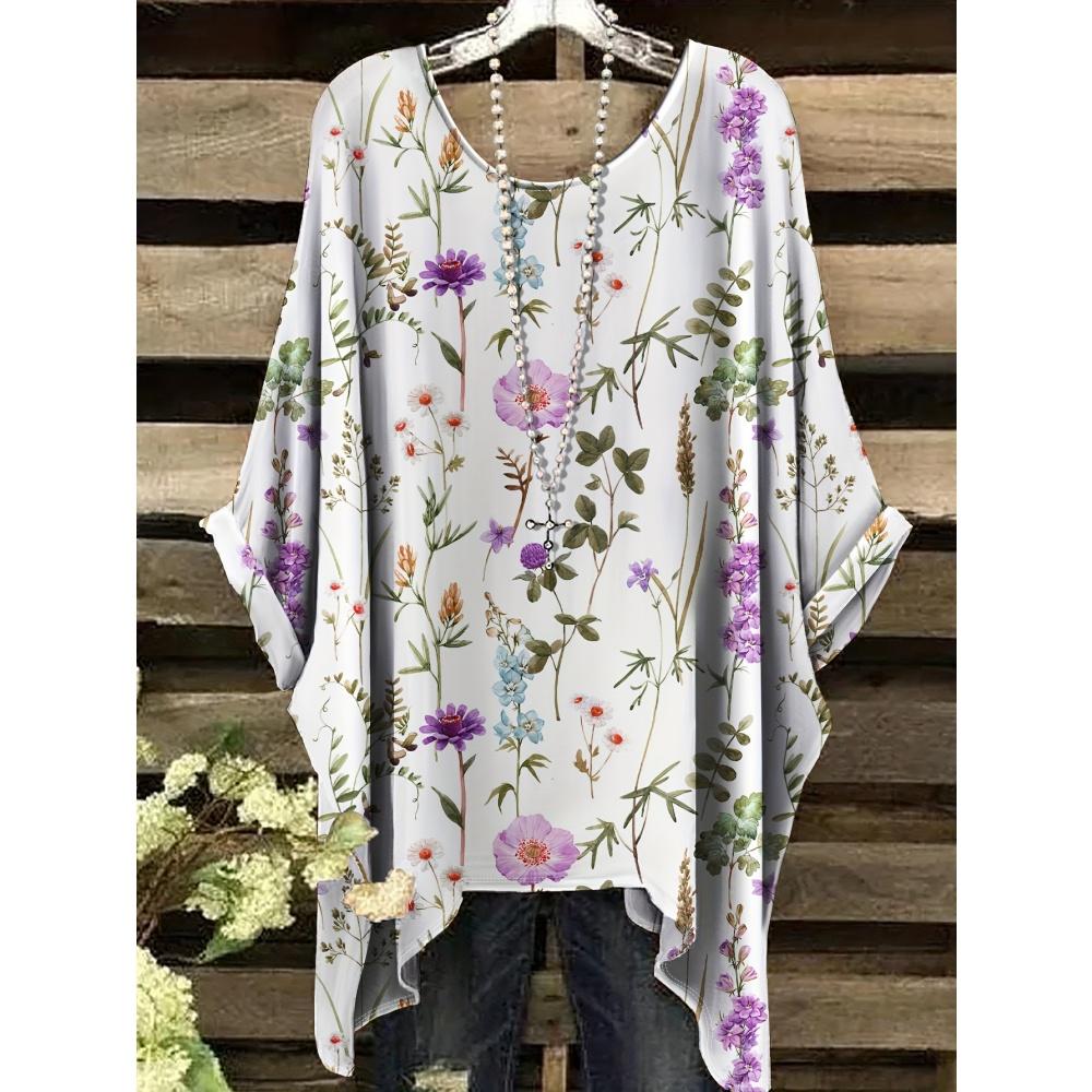 Damen Sommer Böhmisches T-Shirt mit Blumendruck Vintage Helllila Y2k Grafik Rundhals Kleidung Elegant Frau Kurzarm Top