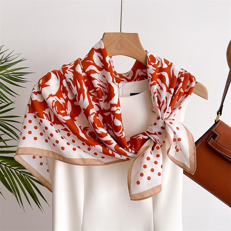 Polka Dot Camellia 90 Imitation Silk Large Square Scarf Shawl Commuting Versatile Printed Herringbone Scarf Headscarf Women
