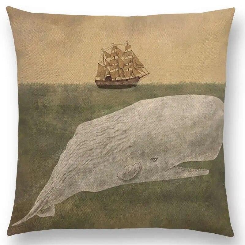 Sofa Throw Pillow Cover Home Decor Cute Little Ghost Sailing Whale Ocean Diver Print Cushion