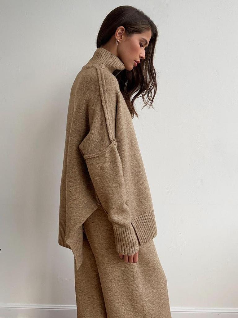 Women's Autumn/Winter High-Neck Sweater and Knit Pants Set - European/American Style, Loose Fit, Thick, Casual