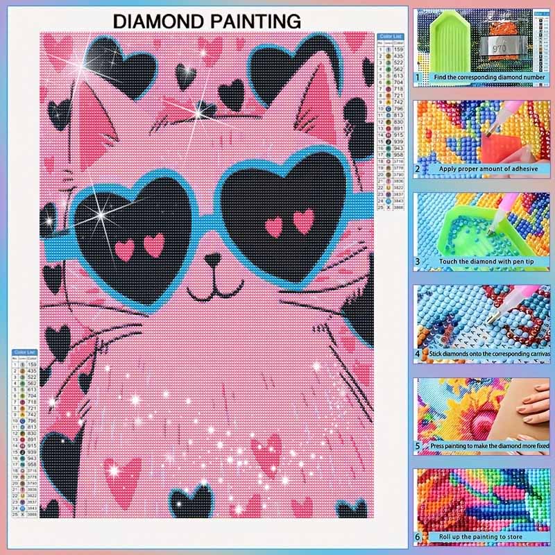 DIY 5D Diamond Painting Kit Pink Cat with Heart Glasses Full Drill Rhinestone Canvas Relaxing Craft for Home Wall Decor Gift and Art Project