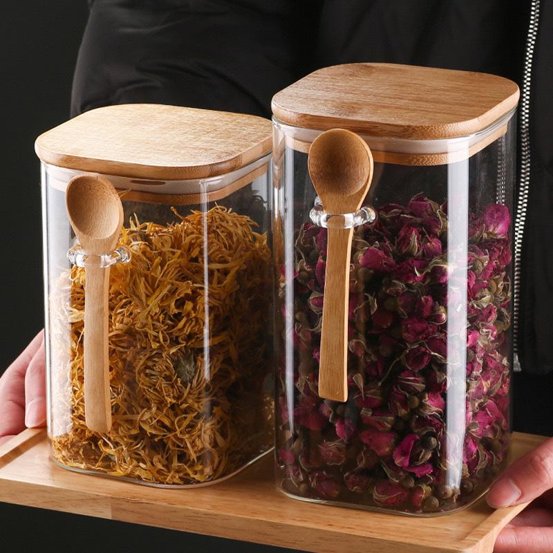 Japanese Airtight Square Glass Jar with Spoon for Kitchen - Perfect for Storing Grains, Dried Fruits, and Coffee Beans.