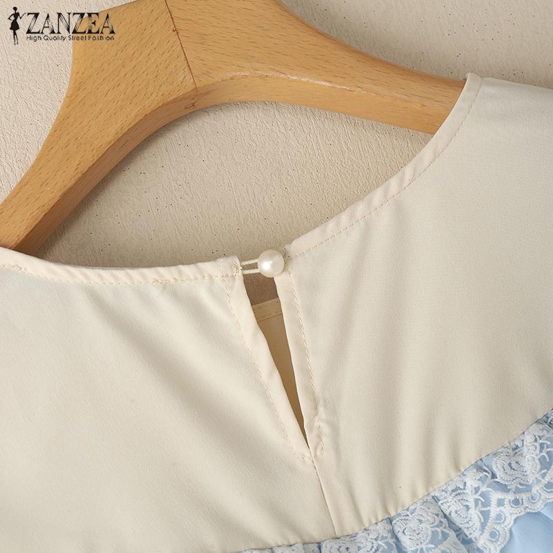 ZANZEA Women Casual Lace Patchwork Round Neck Long Sleeve Loose Blouse