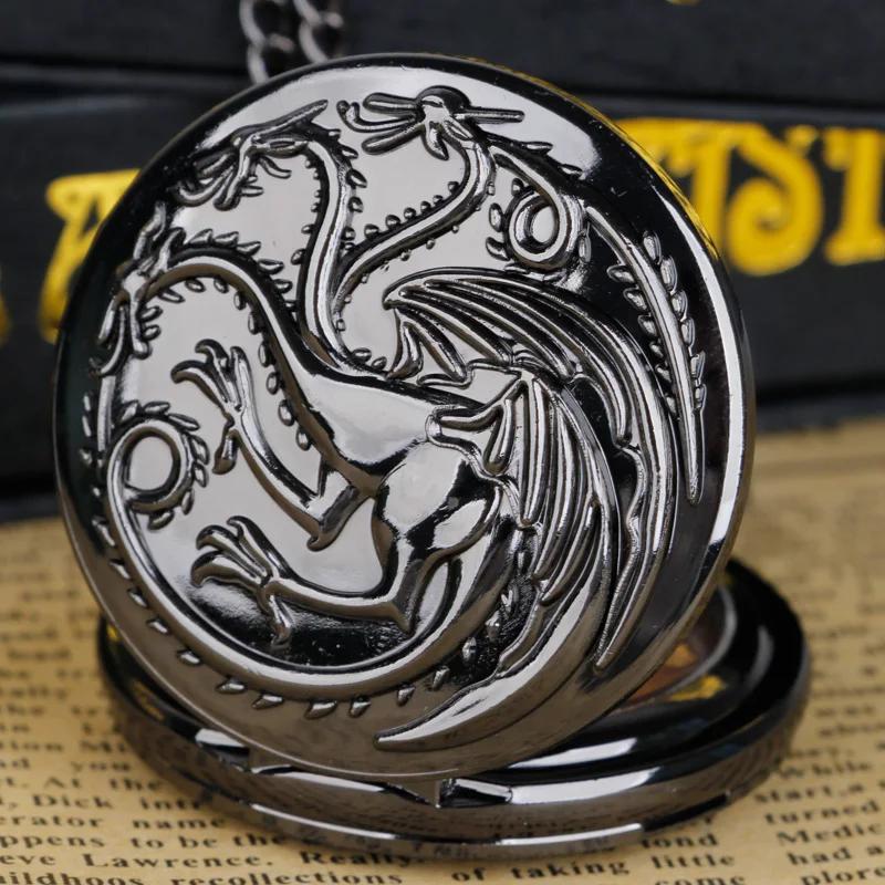 10pcs/lot Wholesale Black Vintage Quartz Pocket Watch Dragon Engraved Flip Roman Dial Students Gift Men Women Necklace Clock
