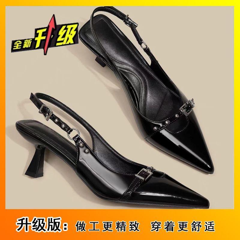 Niche fashion design sense one-word buckle bag head single shoes rear tripple rivets black high heels summer and autumn new models