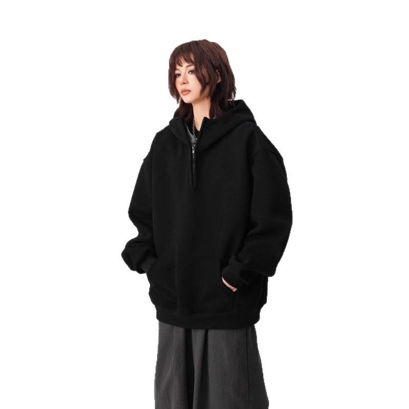 Oversized Hooded Half-Zip Sweatshirt Men Women Thick Fleece-Lined Casual Long Sleeve Pullover