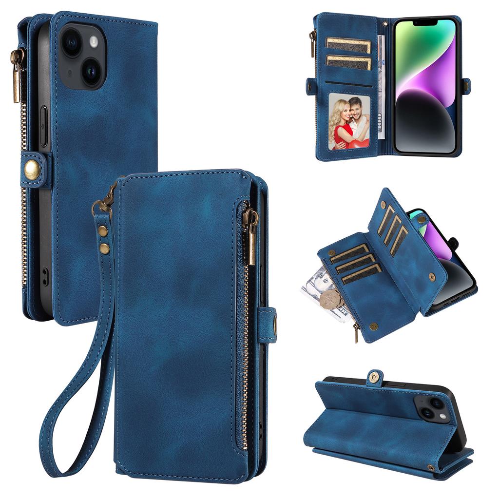 For iPhone 15 RFID Blocking Stand Leather Case Drop-proof Phone Cover Zipper Pocket Wallet with Strap