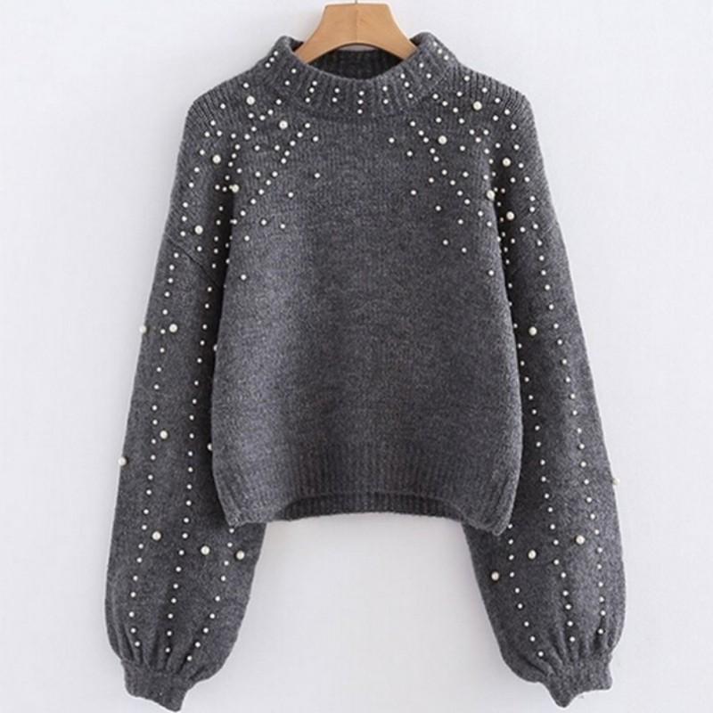 Womens Oversized Round Neck Knit Sweater With Pearl Embellishment Loose Fit Long Sleeve Acrylic Pullover Winter
