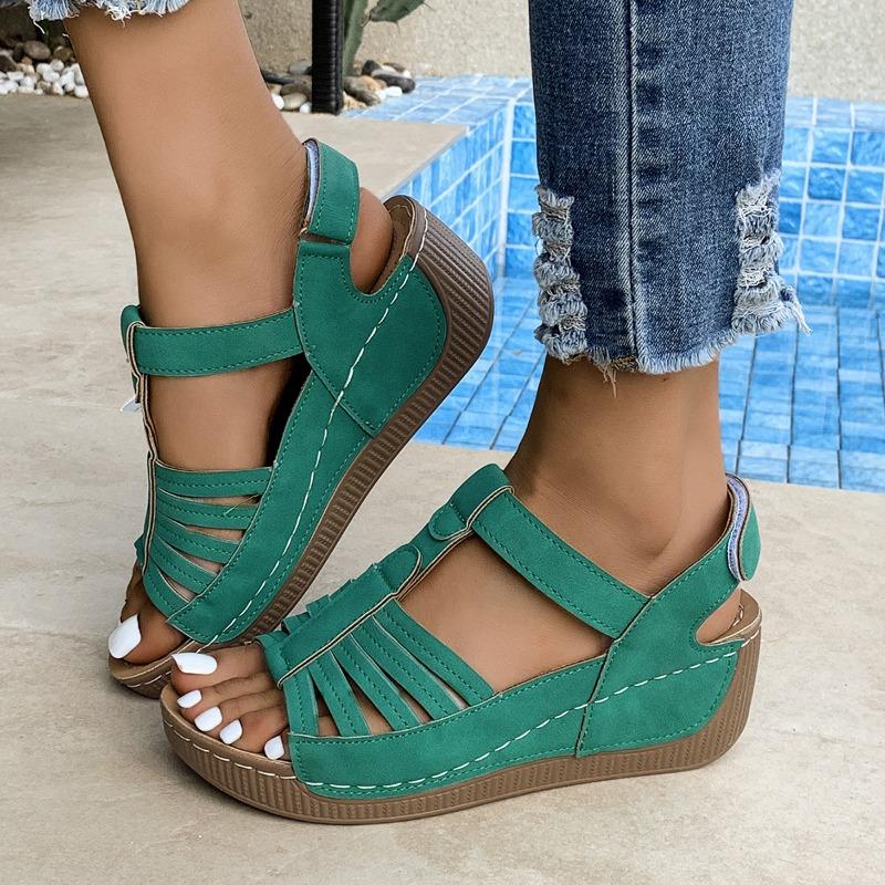 Vintage Shoes, Anti-slip, Large-sized Round Toe, Wedge Heel Sandals for Women