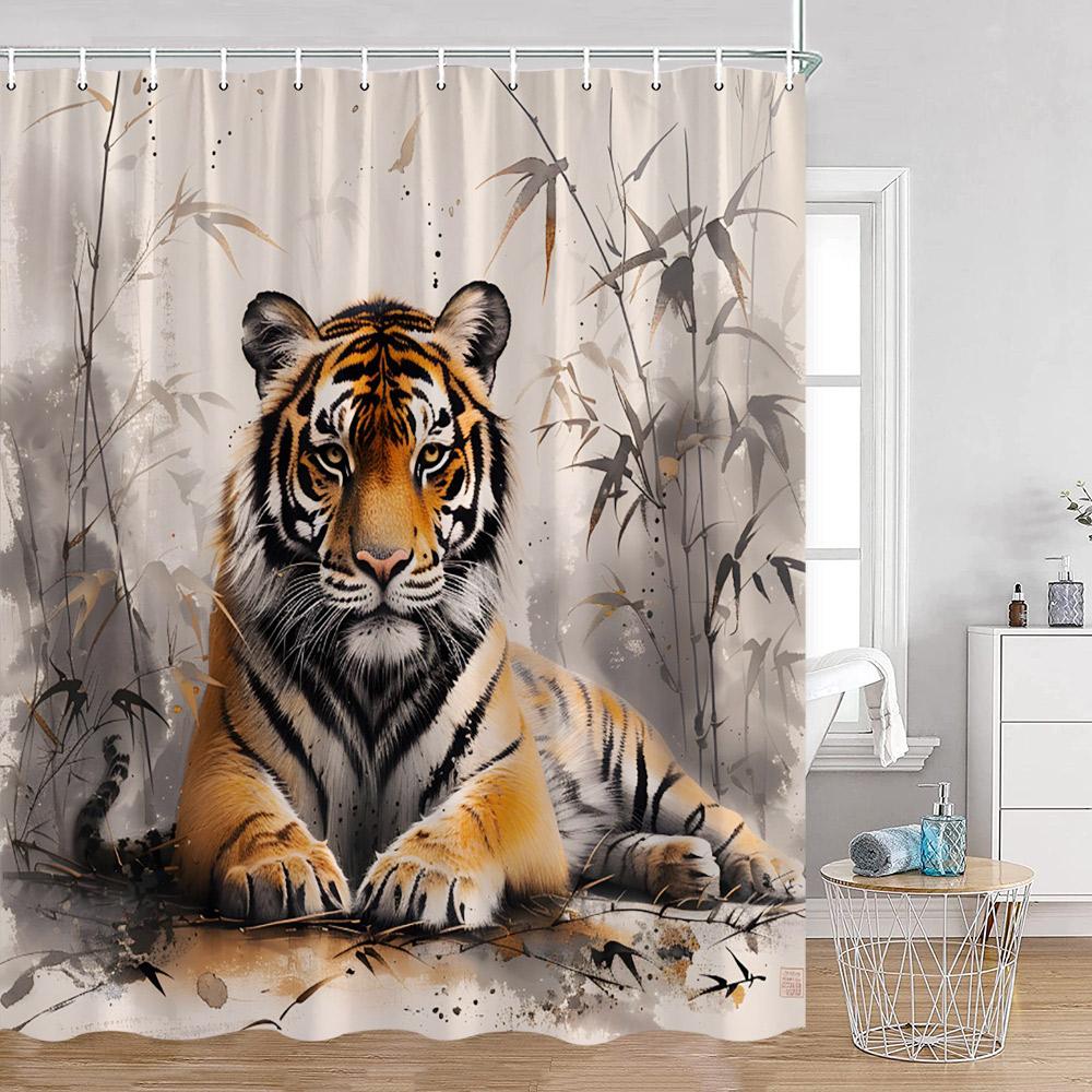 Záclona do sprchy Divoká zvířata Tygr Les Elegantní Panter Zelené Rostliny Růže Květinová Domácí Dekorace do Koupelny Polyesterová Koupelnová Záclona