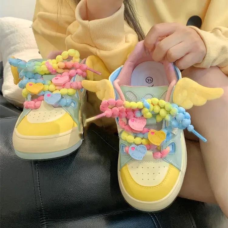 Fashion Sweet Best - Selling Rainbow - Colored Sneakers, Wing & Bead & Heart Detail, Ideal for Cute Daily Looks