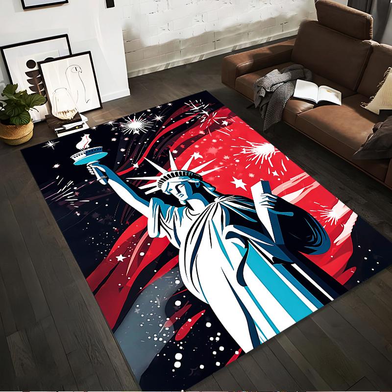 Statue of Liberty Themed Carpet with Fireworks and Red-Blue Design Suitable for Use As an Anti-slip for Living Room Bedroom Sofas