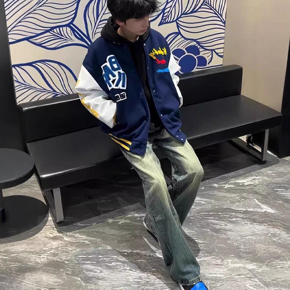 Color matching letter embroidery design sense baseball jacket men's spring and autumn loose American retro couple coat top