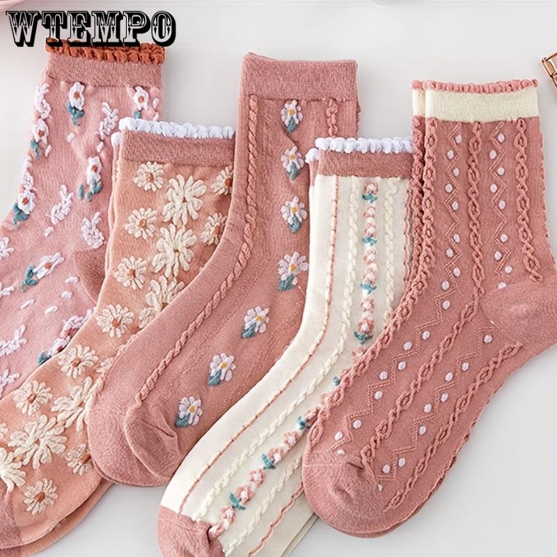 6 Paar Kniestrümpfe für Damen, mit Blumenprägung, Polyester- und Elastan-Mischgewebe, Strickstoff, handwaschbar – süße rosa modische Socken bis zur Mitte der Wade