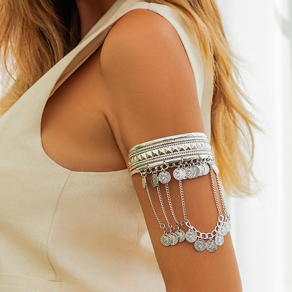Exaggerated Gypsy Multilayer Tassel Coin Pendant Upper Arm Bracelet for Women Vintage Open Cuff Bangles Couple Jewelry Gift New