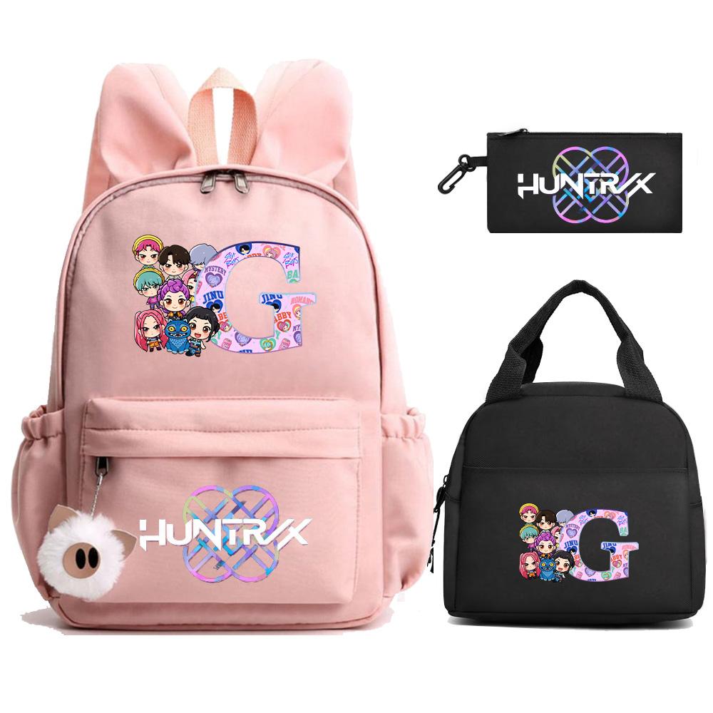 3Pcs/set 26 English Letter Kpop Demon Hunters Printed Backpack with Lunch Bag Pengcil Case for Teenager Girl Boy Large Capacity Bookbag Travel Bag