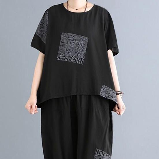 Women T-Shirt Pants Suit O Neck Elastic Waist Short Sleeves Loose Letter Print Summer Ladies Tee Sweatshirt Top Cropped Harem Trousers Kit Daily Wear