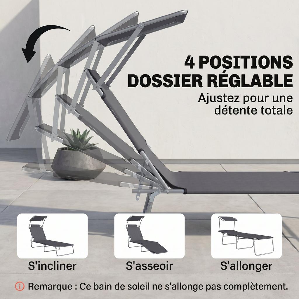 Folding Sun Lounger, Chaise Lounge, Multi-Position Backrest, Sunshade, 187 x 58 x 36 cm, Grey