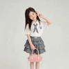 Girls' Summer POLO Collar Short Sleeve Plaid Cartoon Skirt Two-Piece Set
