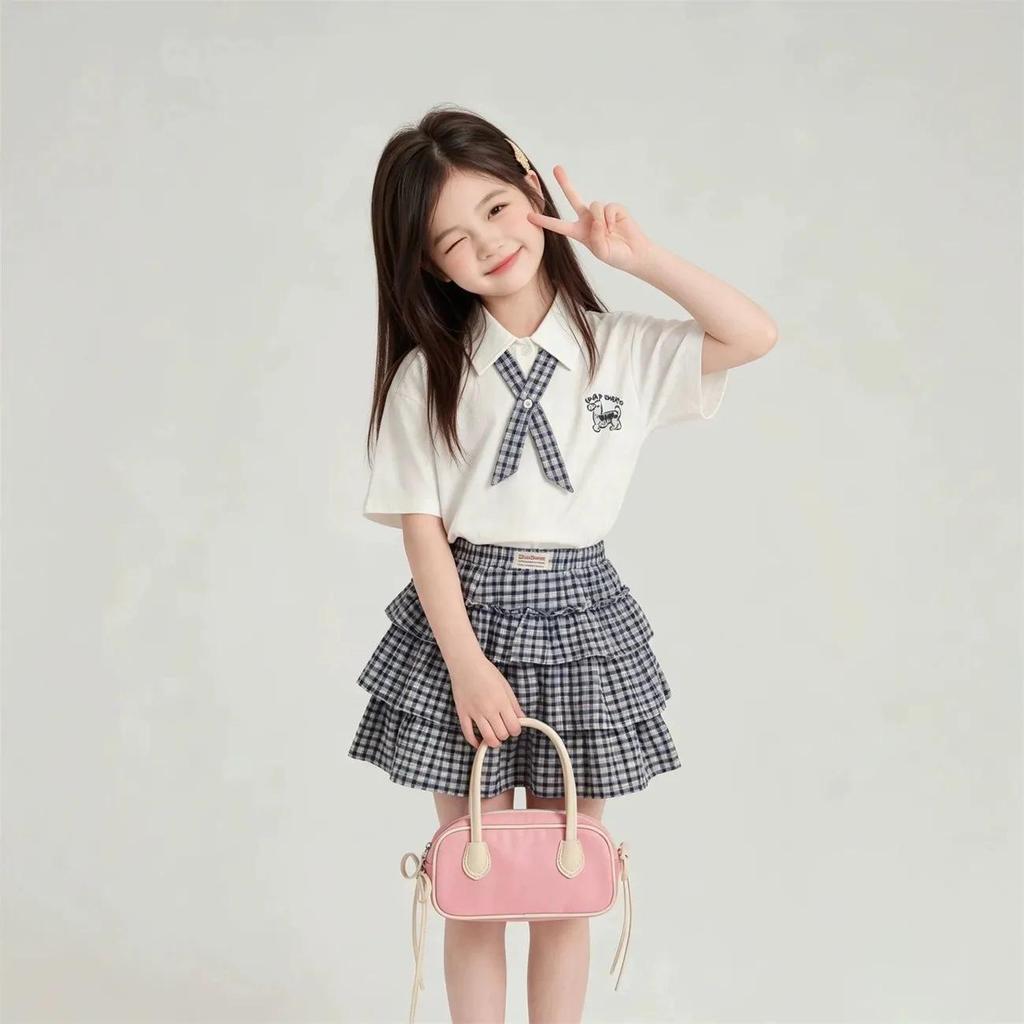 Girls' Summer POLO Collar Short Sleeve Plaid Cartoon Skirt Two-Piece Set