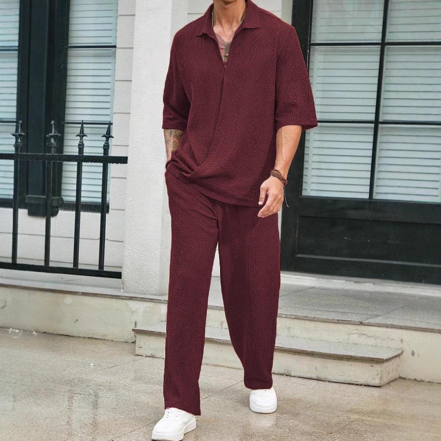 2024 Men's Casual Two-Piece Commuter Suit: Solid Short-Sleeve Shirt & Trousers