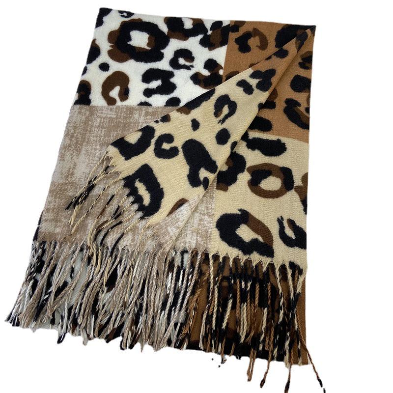 Double-Sided Leopard Print Cashmere-Feel Scarf with Tassels - Women's Autumn/Winter Neck Warmer