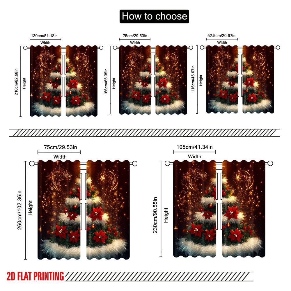 2pcs,2D Plane Printing Light Filtering Curtains Christmas Tree Poinsettia Ornaments_a Versatile Durable Polyester (without Rod)