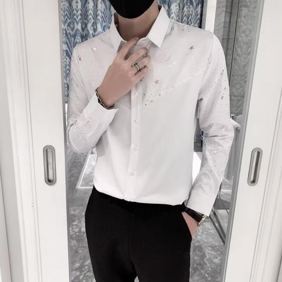 Men Shirt Sequin Star Color Matching Long Sleeve Single Breasted Patchwork Slim Fit Cardigan Turn Down Collar Soft Breathable Mid Length Men Top