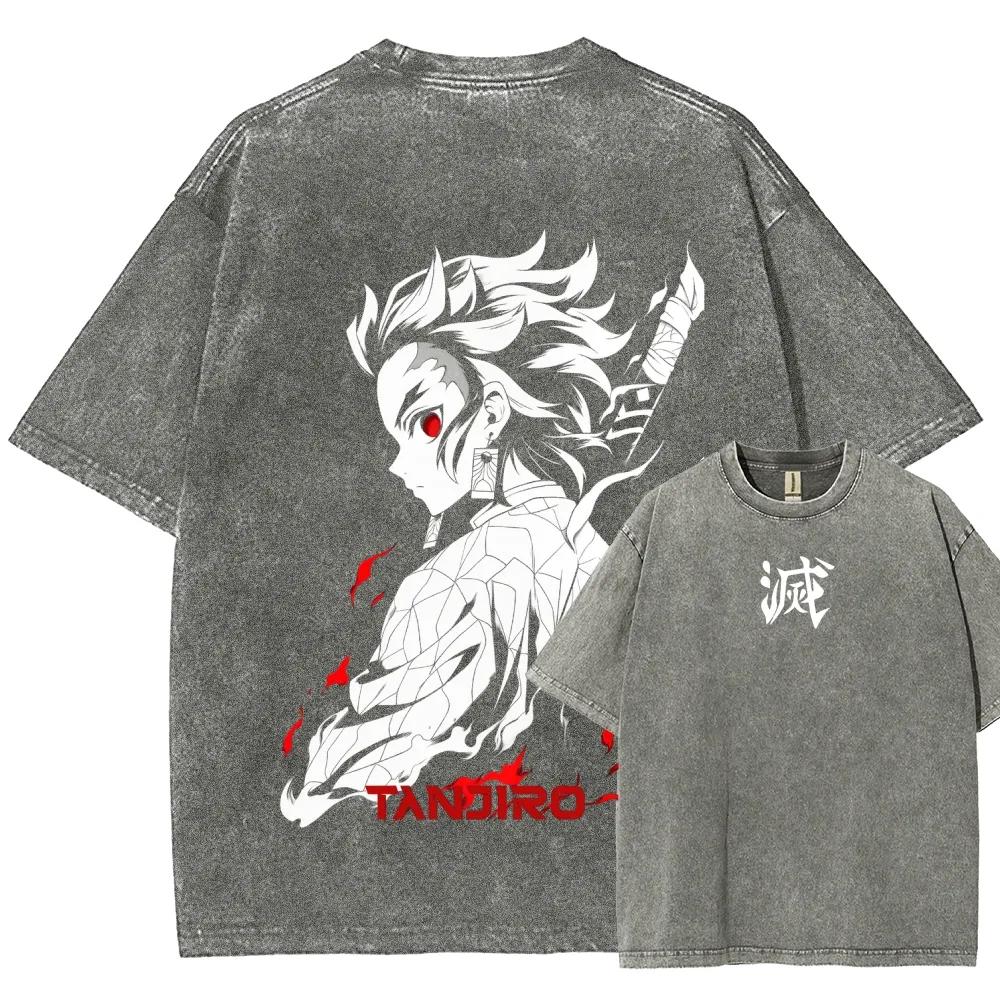 Tanjirou Print T-shirt Demon Slayer Anime Clothing Men Women Short Sleeve Cotton Tshirts Retro Washed Tee Harajuku Male T Shirt