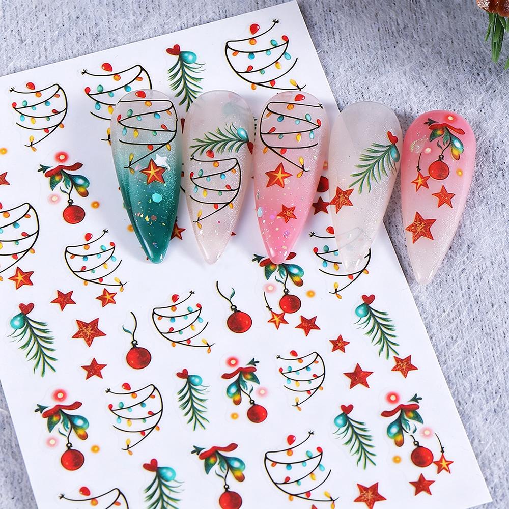 1PC 3D Luminous Colorful Light Christmas Nail Stickers Green Pine Branch/Red Bauble Star Nail Decals Adhesive Holiday Nail Decor