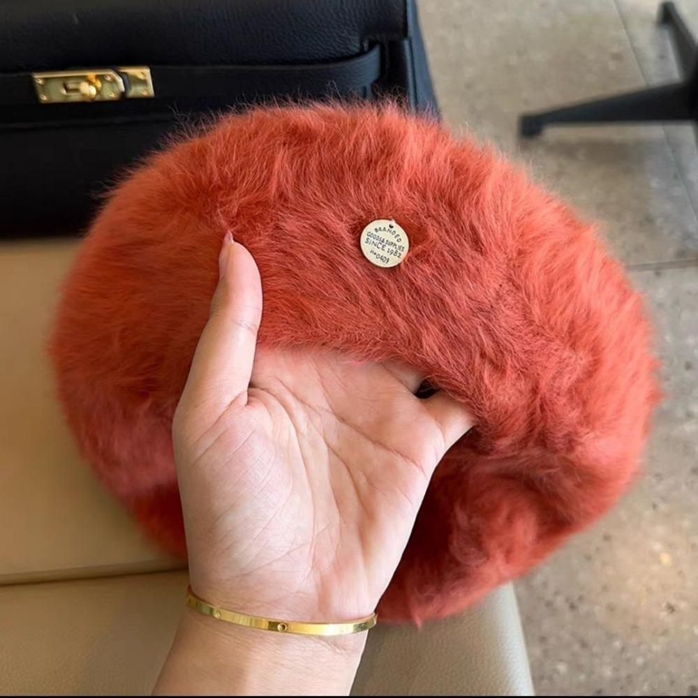 

Пушистый Длинный Берет из Кроличьего Меха Женский Осенне-Зимний Маленькая Плюшевая Шляпа для Лица Большой Обхват Головы Шляпа Художника