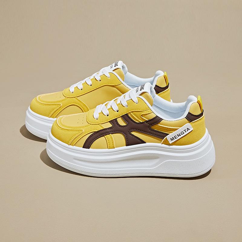 

Повседневные кроссовки на массивной платформе для женщин Дышащие на шнуровке Нескользящая обувь для ходьбы Женские удобные кроссовки для бега Кроссовки для тенниса из ПУ кожи 40 жёлтый