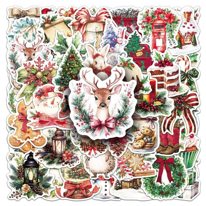 50 Retro Watercolor Christmas Stickers Holiday Decorations Hand Curtain Water Cup