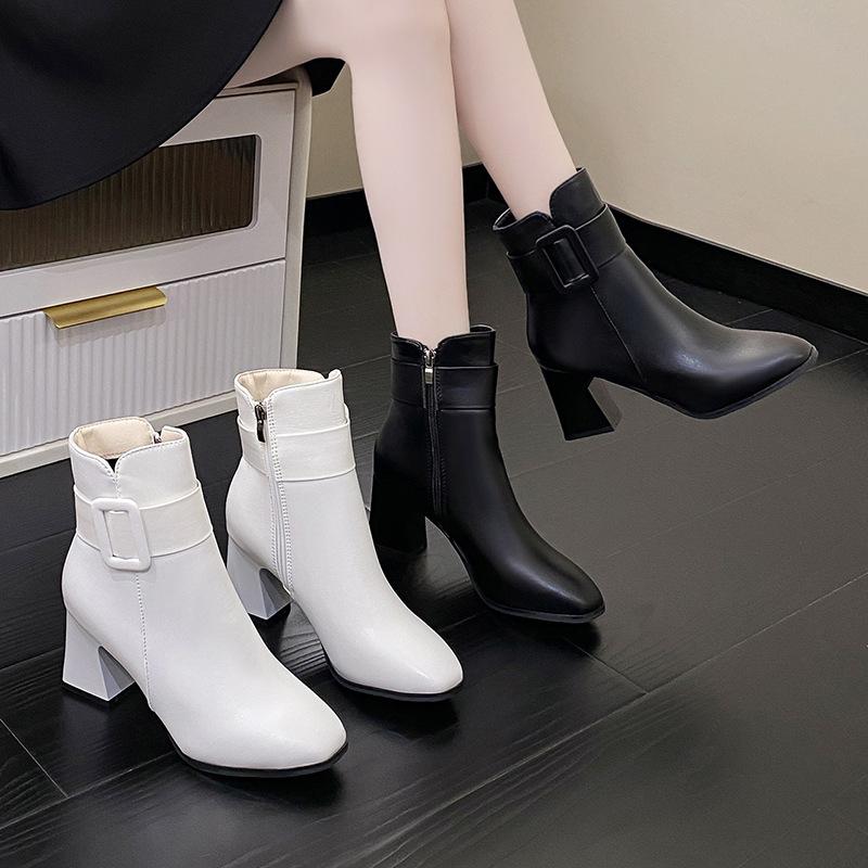 2024 Autumn and Winter New Korean Version Thick Heel Pointed Foreign Trade Spot Fashion Casual Side Zipper Thin Fashion Women's Boots Tide