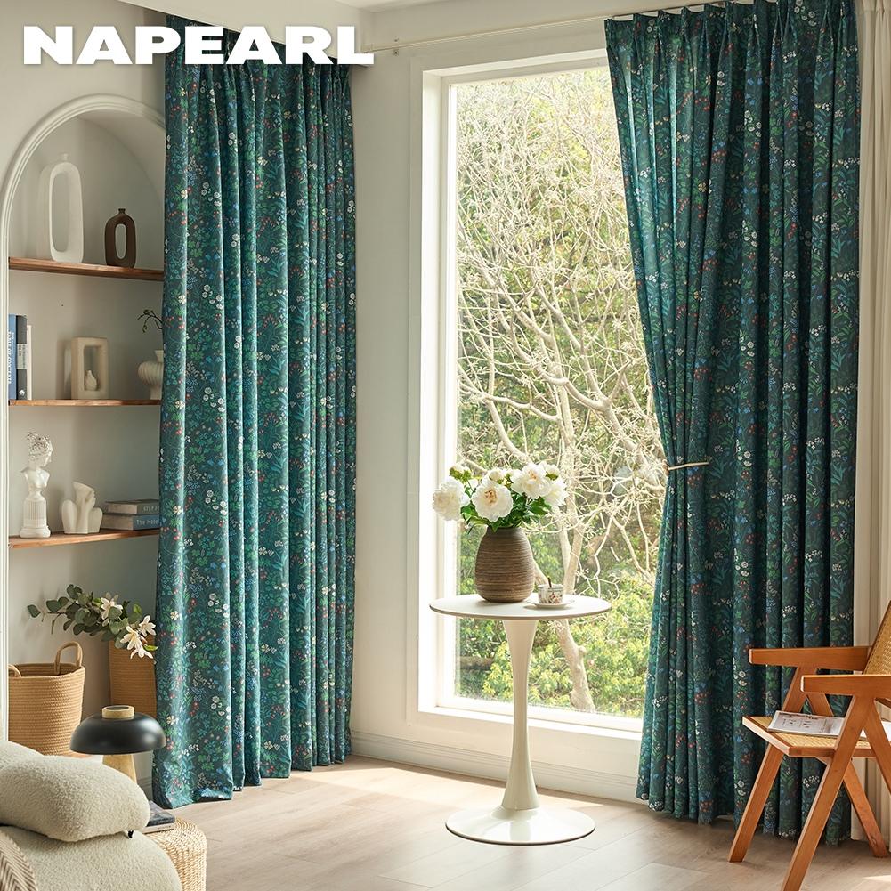 1PC NAPEARL French Retro Dark Green Floral Curtains, Printed Thick Blackout Curtains for Living Room Bedroom Window Home Decor