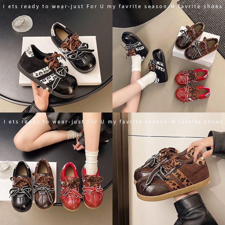 Double Lace-up Women's Shoes Early Autumn Style 2025 Autumn Popular Fashion Inner Height Increase Versatile Leopard Print Casual Moral Training Shoes