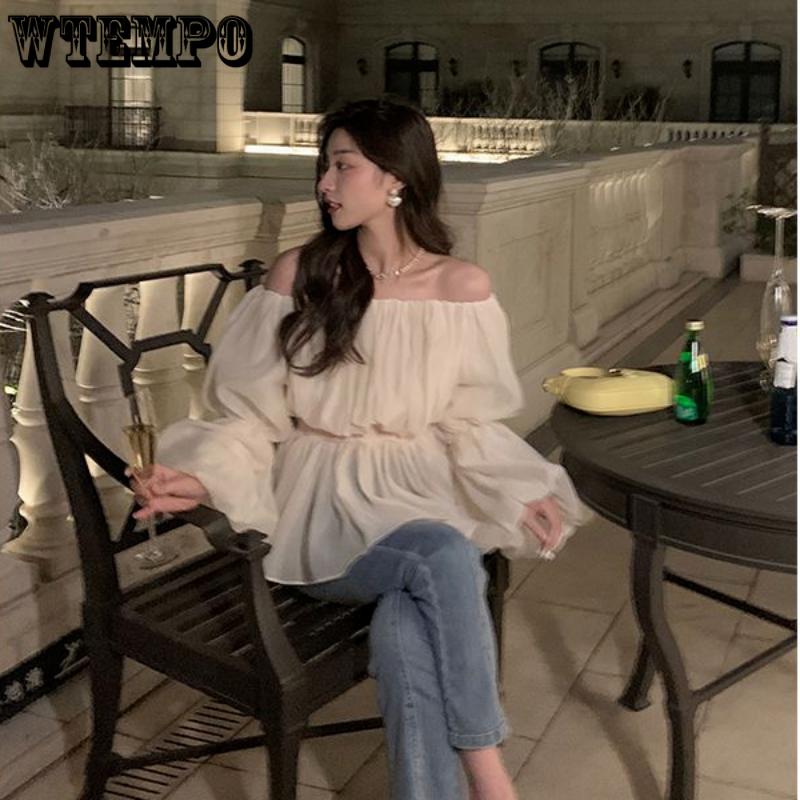 WTEMPO Off Shoulder Sexy Chic Sweet Crop Top Damen Sommermode Casual Lange Rüschenärmel Lose Fee Kawaii T-Shirt