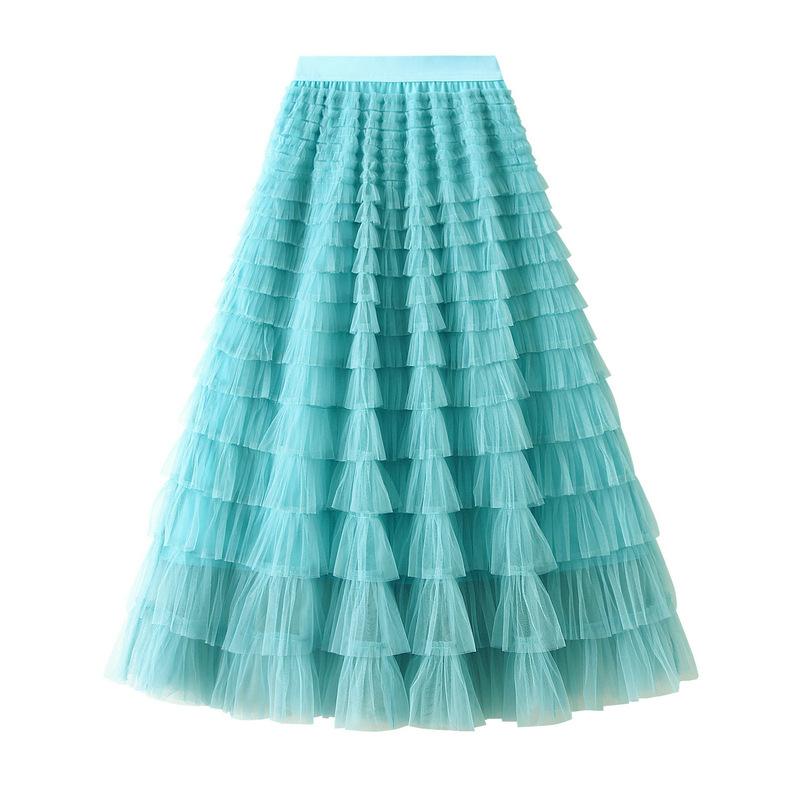 Tutu Cake Skirts Women Elegant Cascading Ruffles A Line Long Skirts Female Casual Elastic Waist Party Lace Skirt Faldas