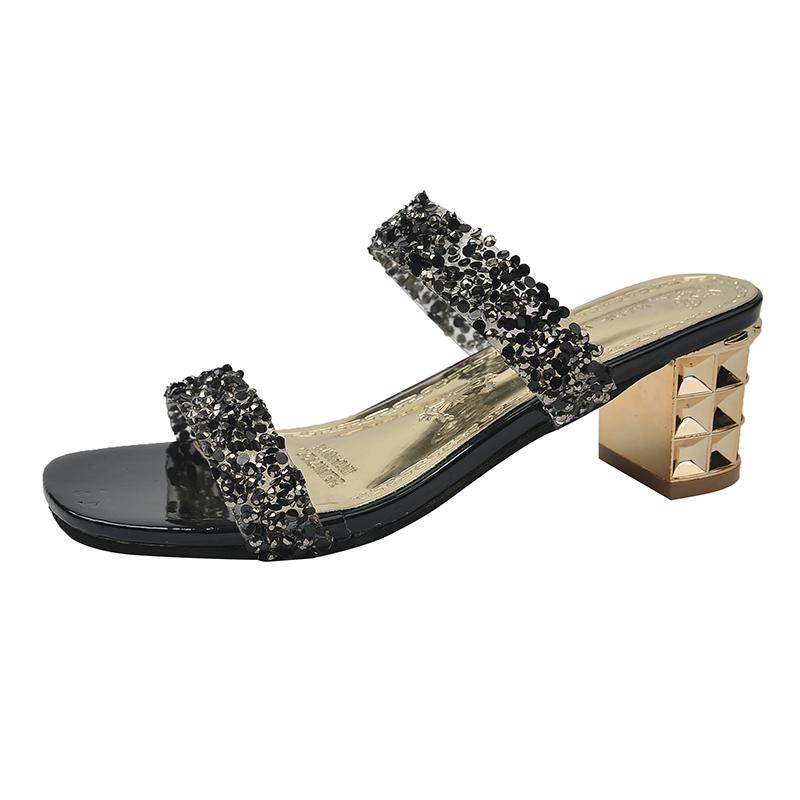 Fashion Women's Chunky Heel Sandals Summer New Round Head Open-toe Crystal with Anti-slip and Wear-resistant Mid-heel Slippers